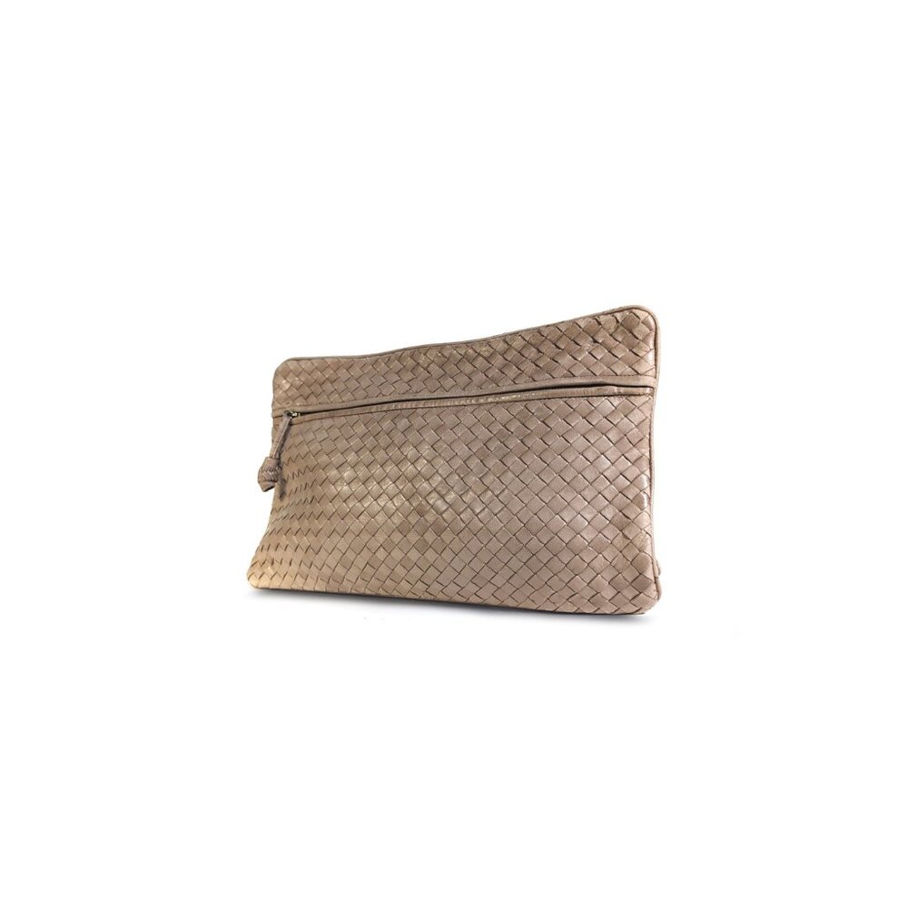 VTG BOTTEGA VENETA Intrecciato Clutch Bag Large 14.25" Taupe Lambskin Purse